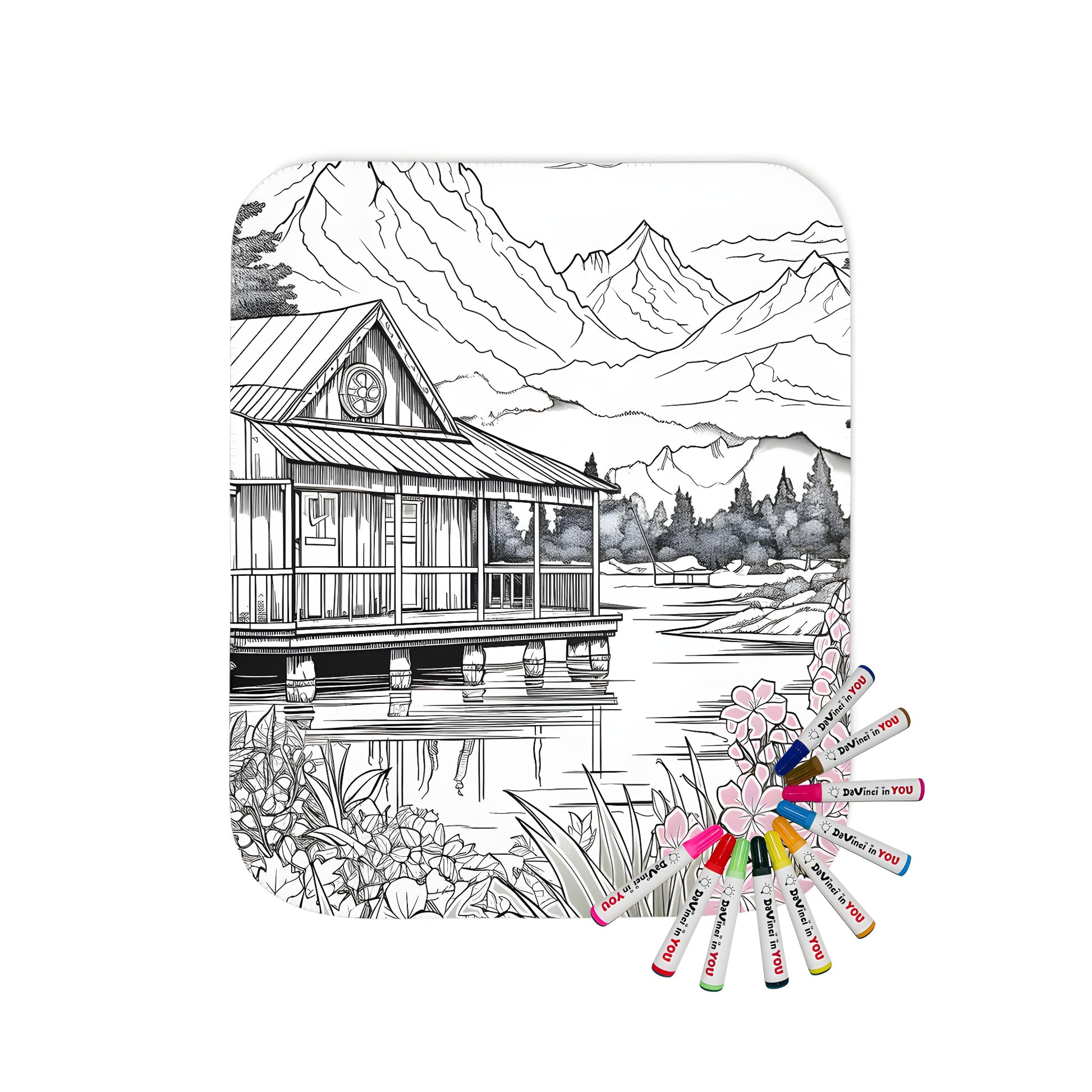 Cozy blanket with a scenic cabin scene featuring a serene lake, vibrant flowers, and majestic mountains