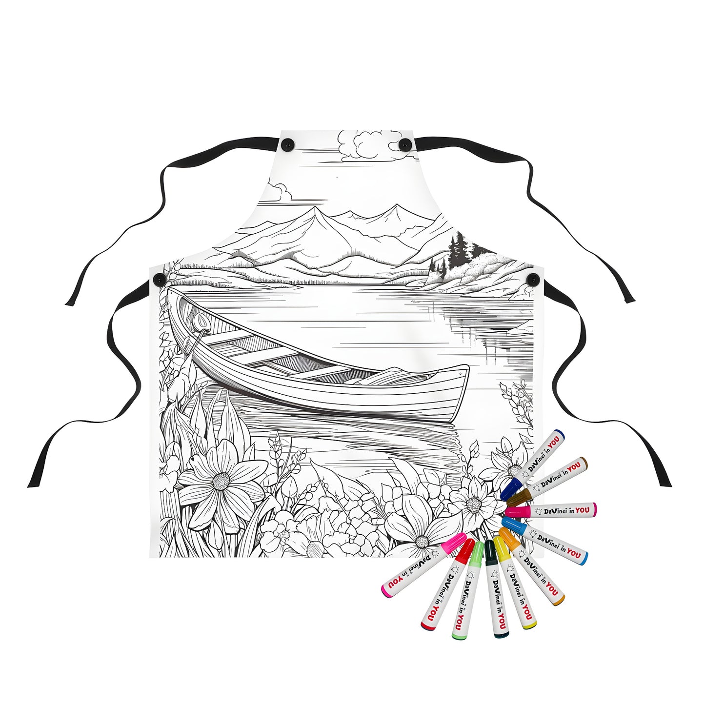 Apron with a serene lake scene featuring a canoe, surrounded by flowers, trees, and mountains