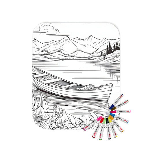 Colorful blanket with serene mountain lake, canoe, and scenic landscape illustration on soft fabric