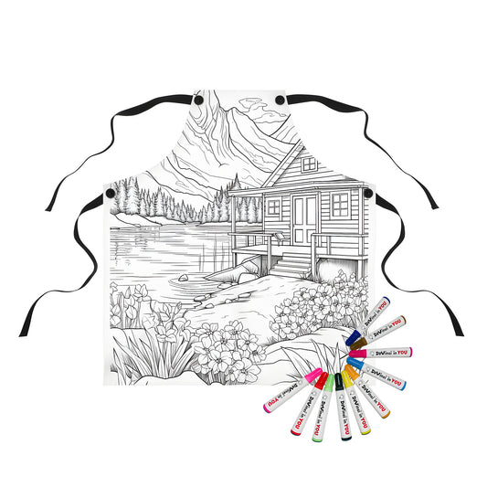 Coloring apron with tranquil mountain cabin scene beside a lake