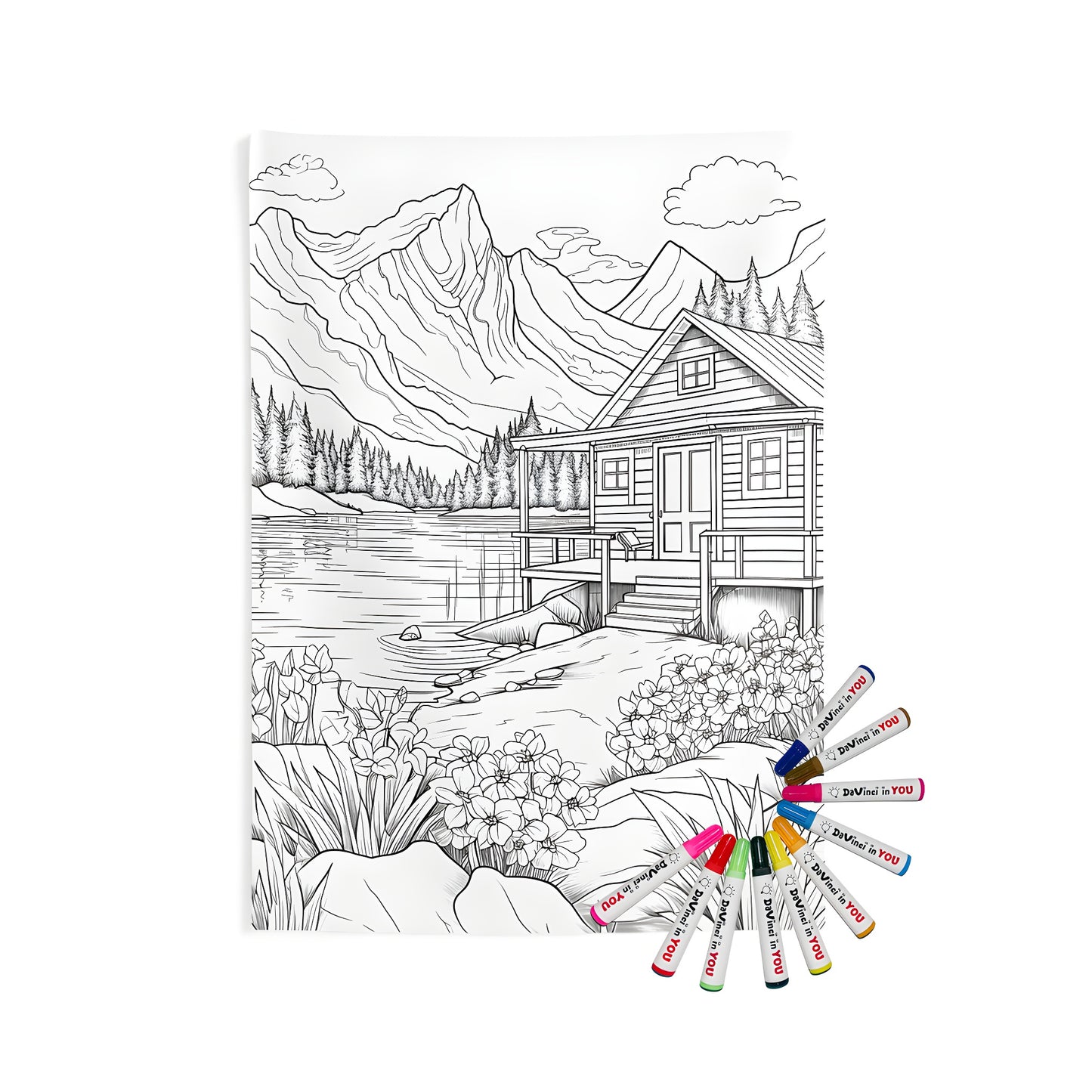 Indoor wall tapestry with serene cabin scene beside lake and majestic mountains. Perfect for coloring enthusiasts.