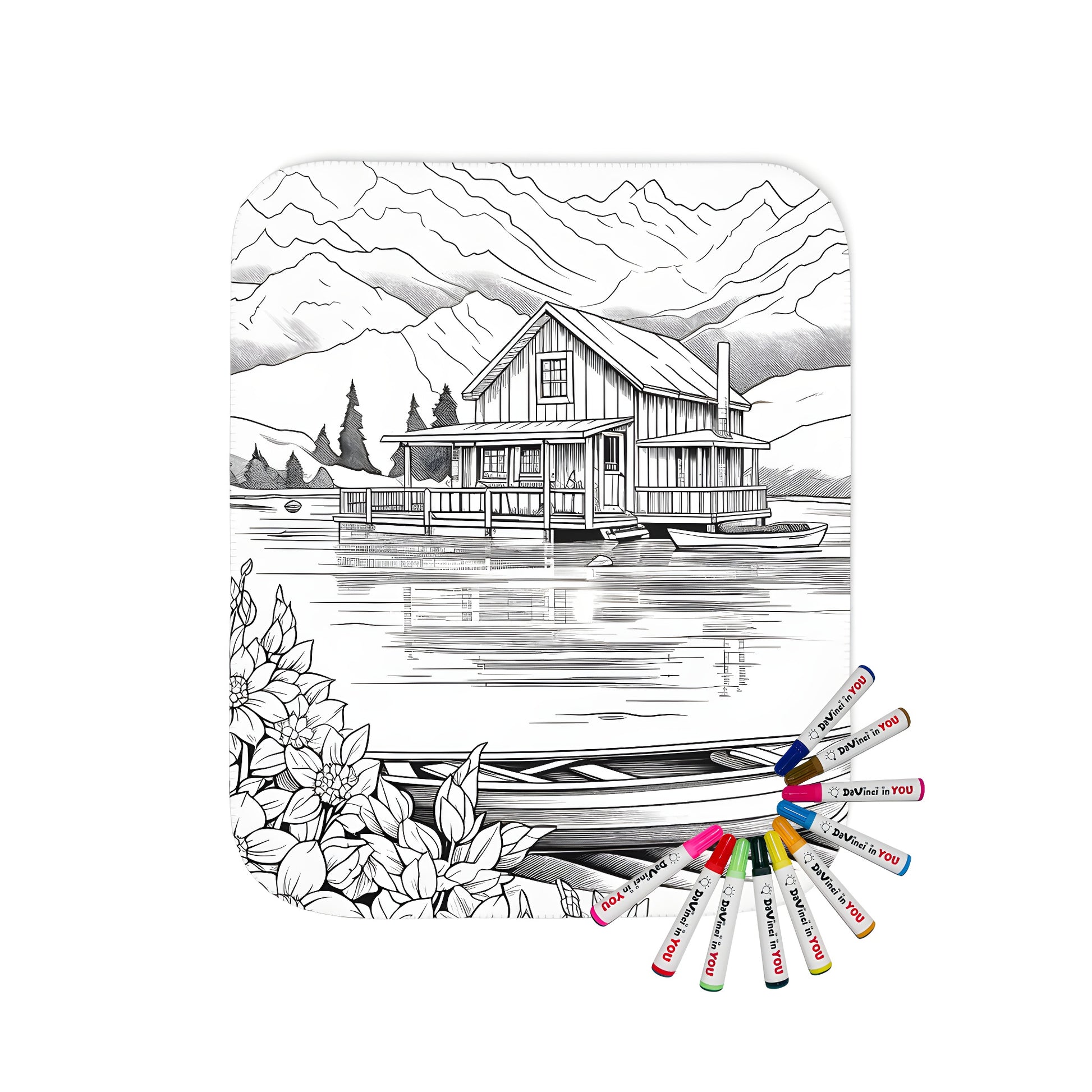 Cabin scene blanket design with lake, mountain, flower, and boat motifs