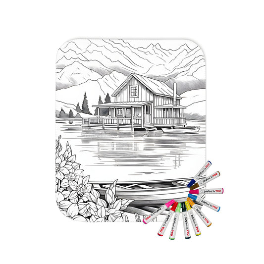 Cabin scene blanket design with lake, mountain, flower, and boat motifs