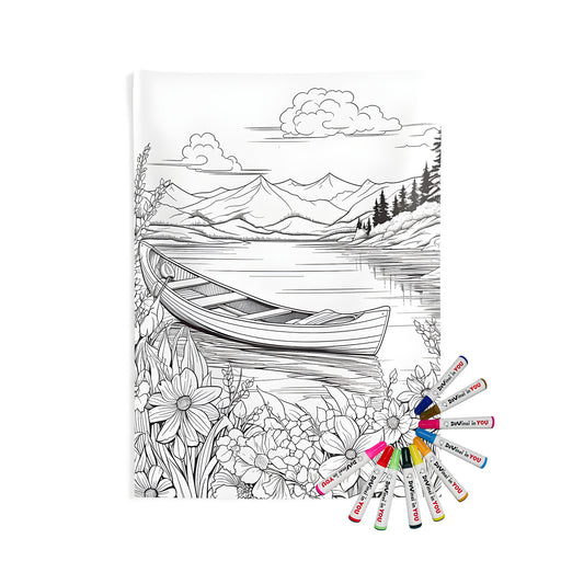 Indoor wall tapestries for sale. Colorful mountain lake scene with boat, flowers and trees in a serene landscape.