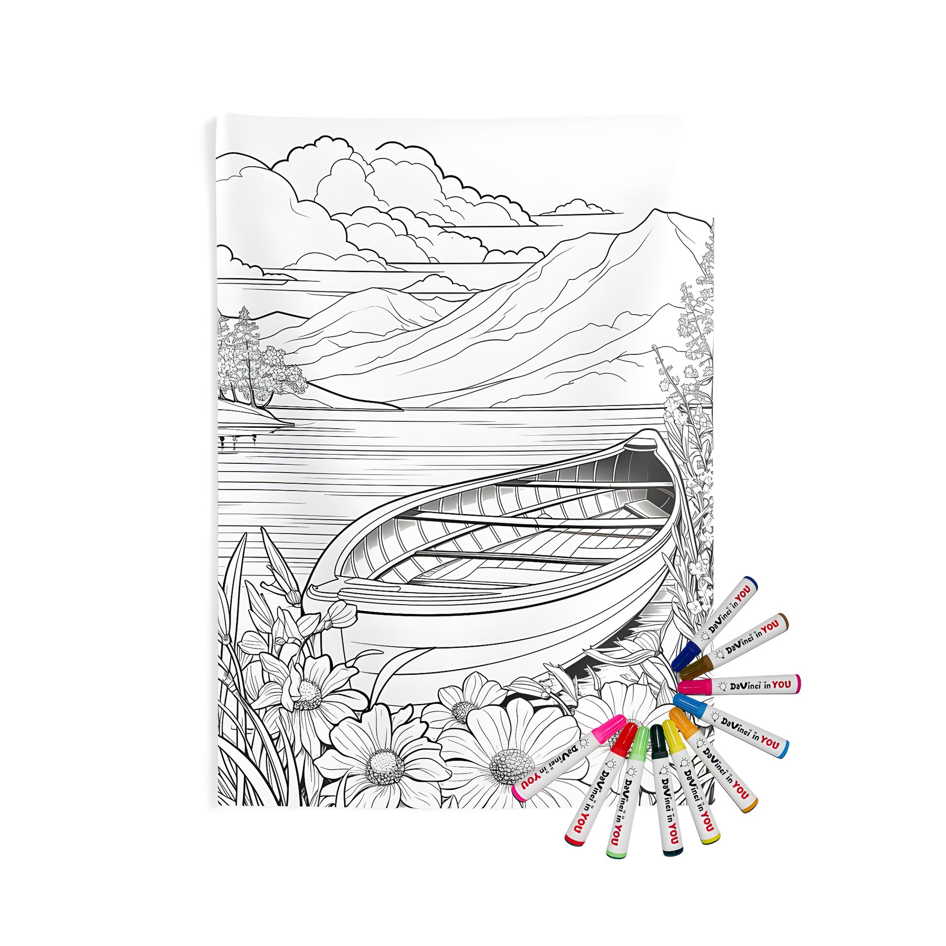 Indoor wall tapestries coloring kit with fabric markers for adults and kids featuring a serene lake scene, boat, mountains, flowers, and clouds.