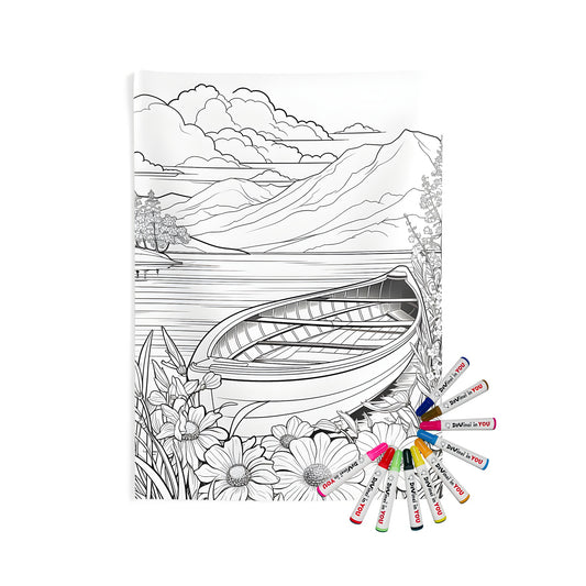 Indoor wall tapestries coloring kit with fabric markers for adults and kids featuring a serene lake scene, boat, mountains, flowers, and clouds.