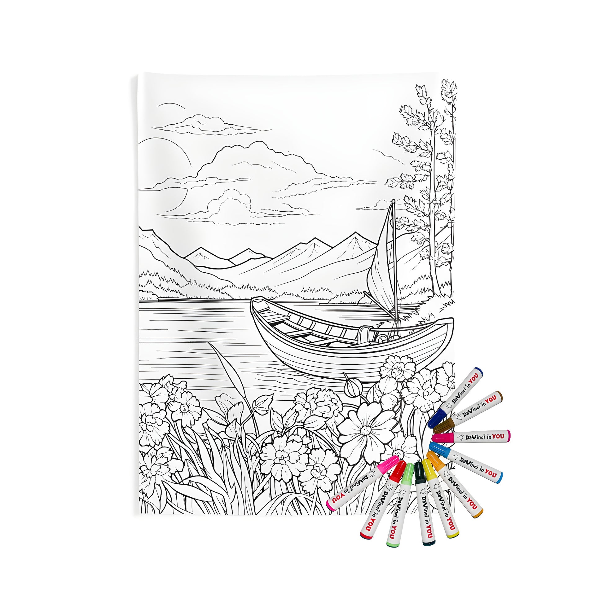 Wall tapestry with serene lakeside scene, sailboat, flowers, and mountains