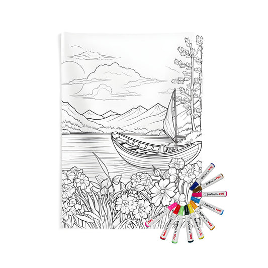 Wall tapestry with serene lakeside scene, sailboat, flowers, and mountains