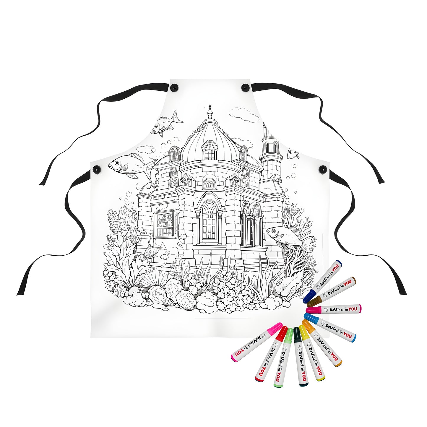 Underwater kingdom apron with castle design and colorful ocean creatures