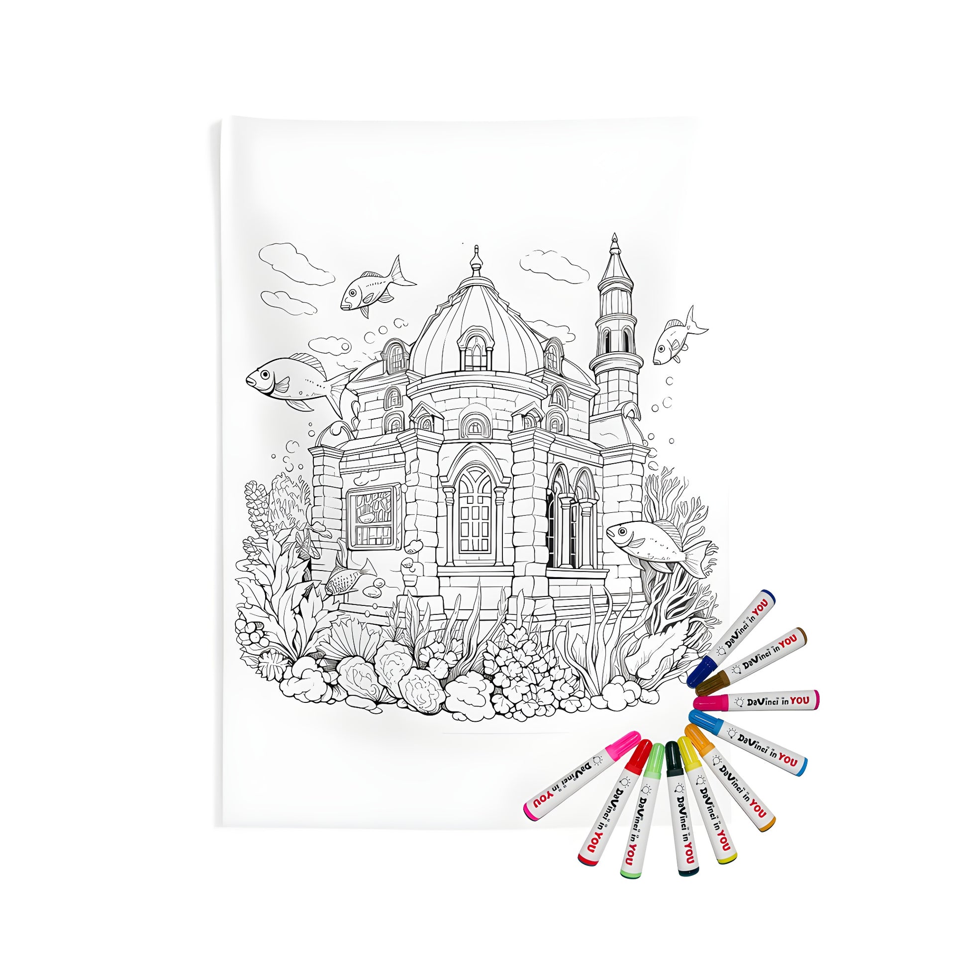 Underwater Castle Coloring Page Artwork with Fish & Coral Reefs on Indoor Wall Tapestry