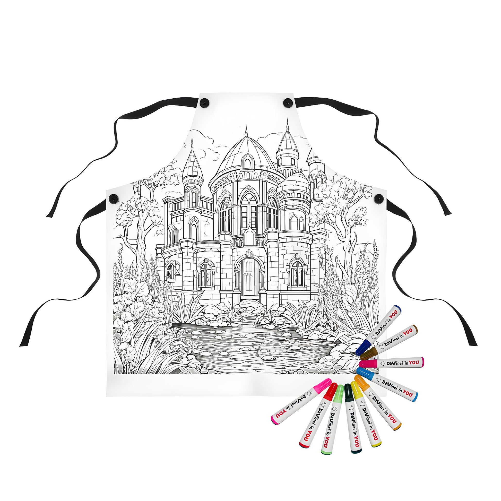 Coloring Apron featuring whimsical fairy tale castle design with towers, trees, garden and pond