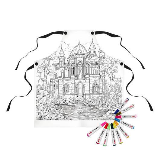 Coloring Apron featuring whimsical fairy tale castle design with towers, trees, garden and pond