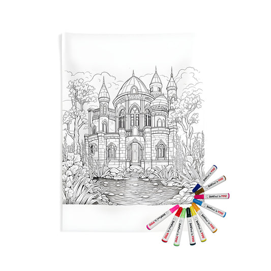 Indoor wall tapestries, fairy tale castle art, coloring page designs, home decor