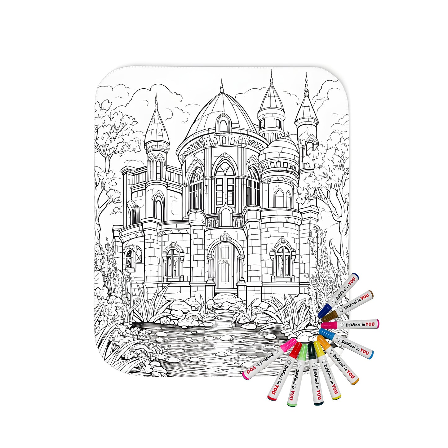A detailed line art of a fairy tale castle themed blanket