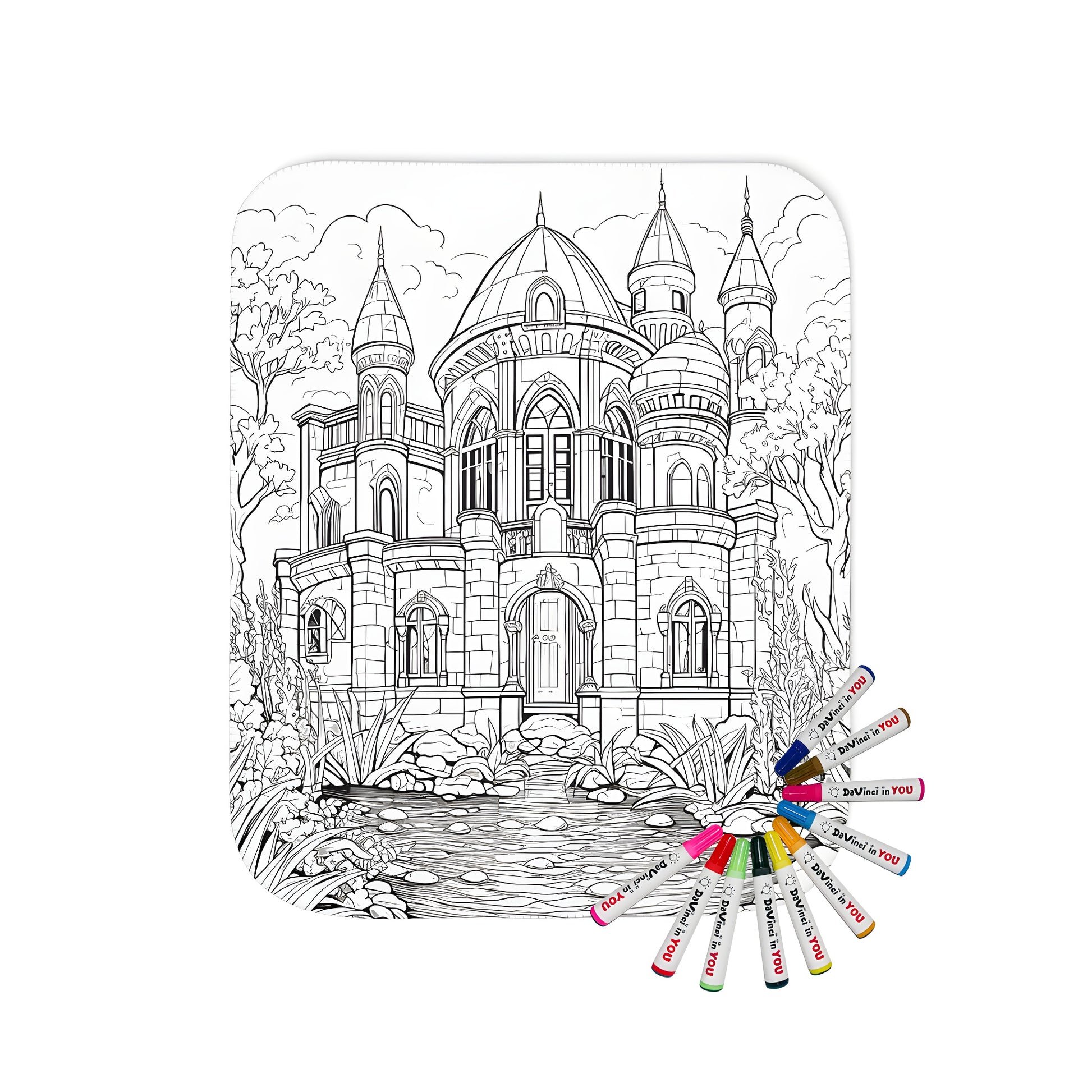 A detailed line art of a fairy tale castle themed blanket