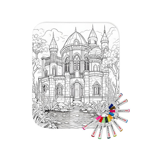 A detailed line art of a fairy tale castle themed blanket