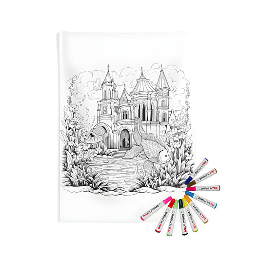 Indoor wall tapestry featuring a detailed castle with tower spires surrounded by flowers, foliage, and fish swimming in a pond. Perfect for bedrooms, living rooms, or home offices.