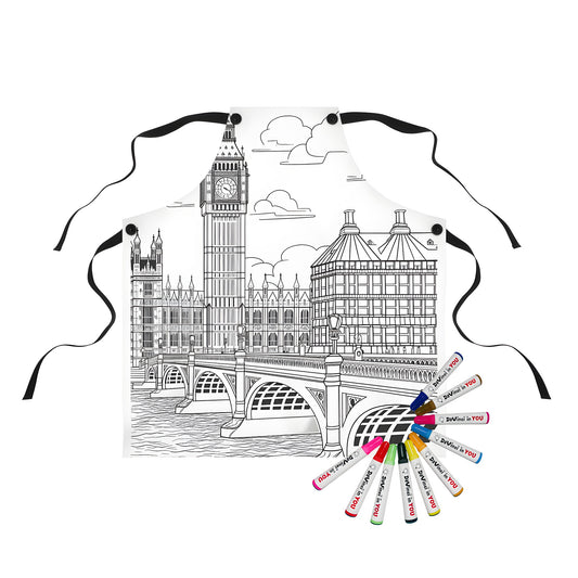 Apron featuring an outline drawing of London's Big Ben and Westminster Bridge with detailed surrounding buildings and a flowing river.