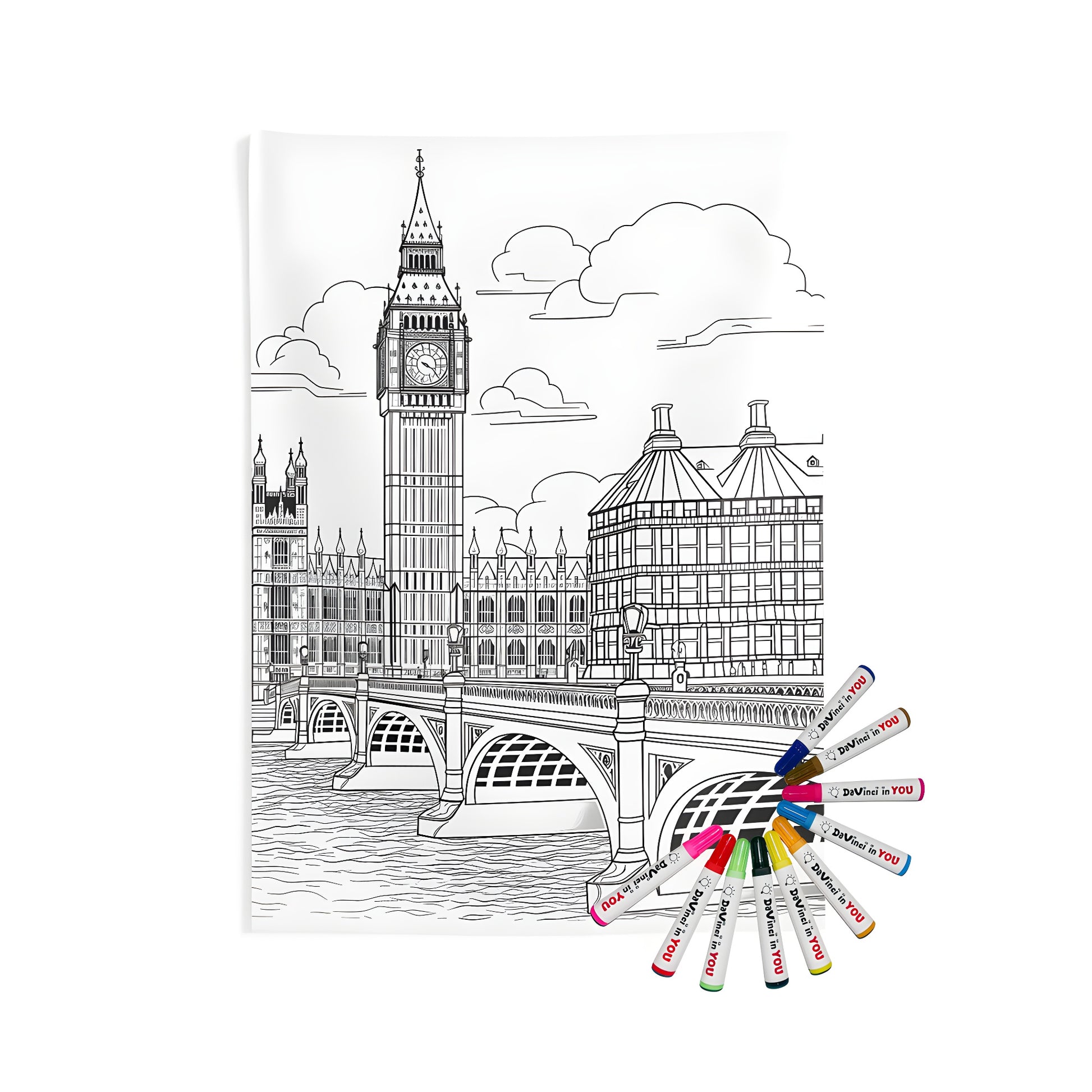 Indoor wall tapestry featuring a colorful outline drawing of London's iconic Big Ben and Westminster Bridge with detailed surrounding buildings and a flowing river