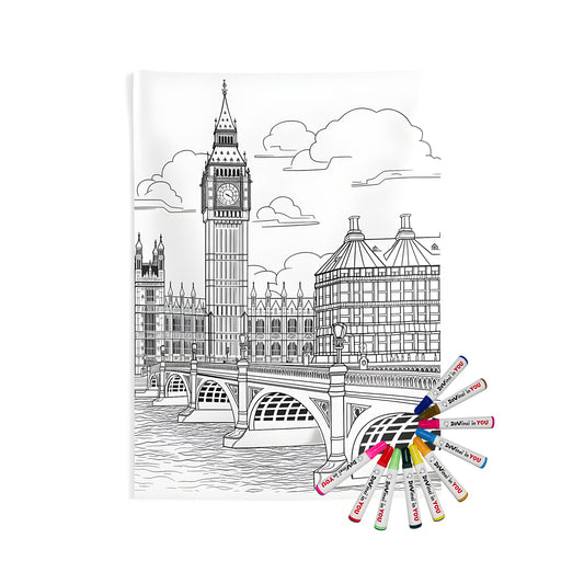 Indoor wall tapestry featuring a colorful outline drawing of London's iconic Big Ben and Westminster Bridge with detailed surrounding buildings and a flowing river