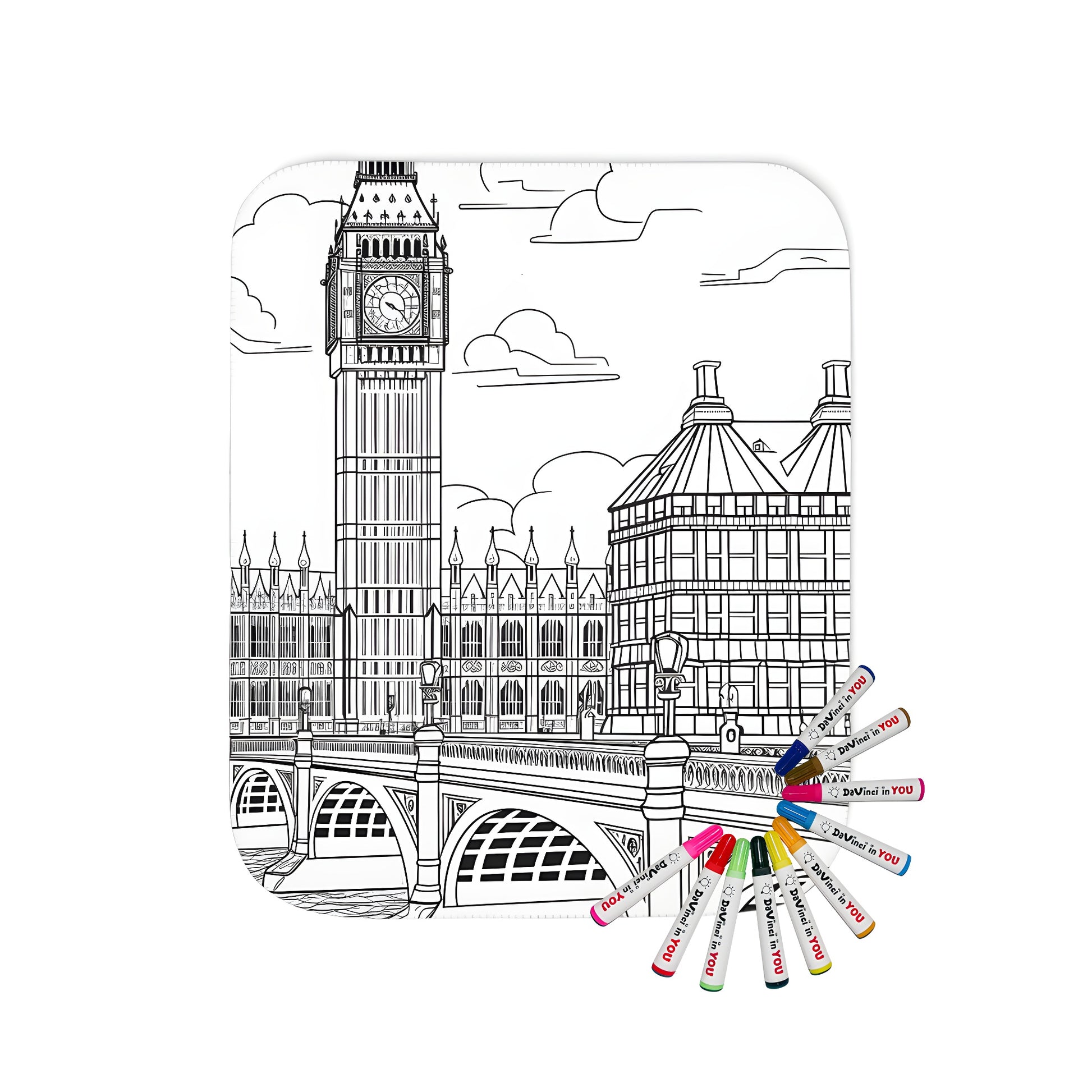 Cozy blanket featuring an iconic outline drawing of London's famous Big Ben and Westminster Bridge, surrounded by detailed buildings and a serene river