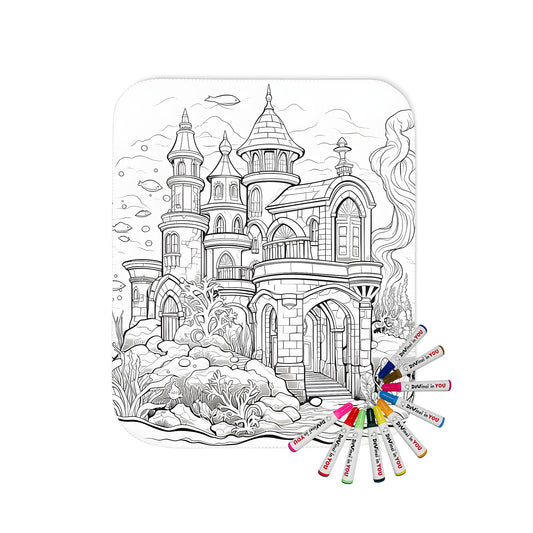 Underwater castle blanket design with intricate details, coral, sea plants and fish