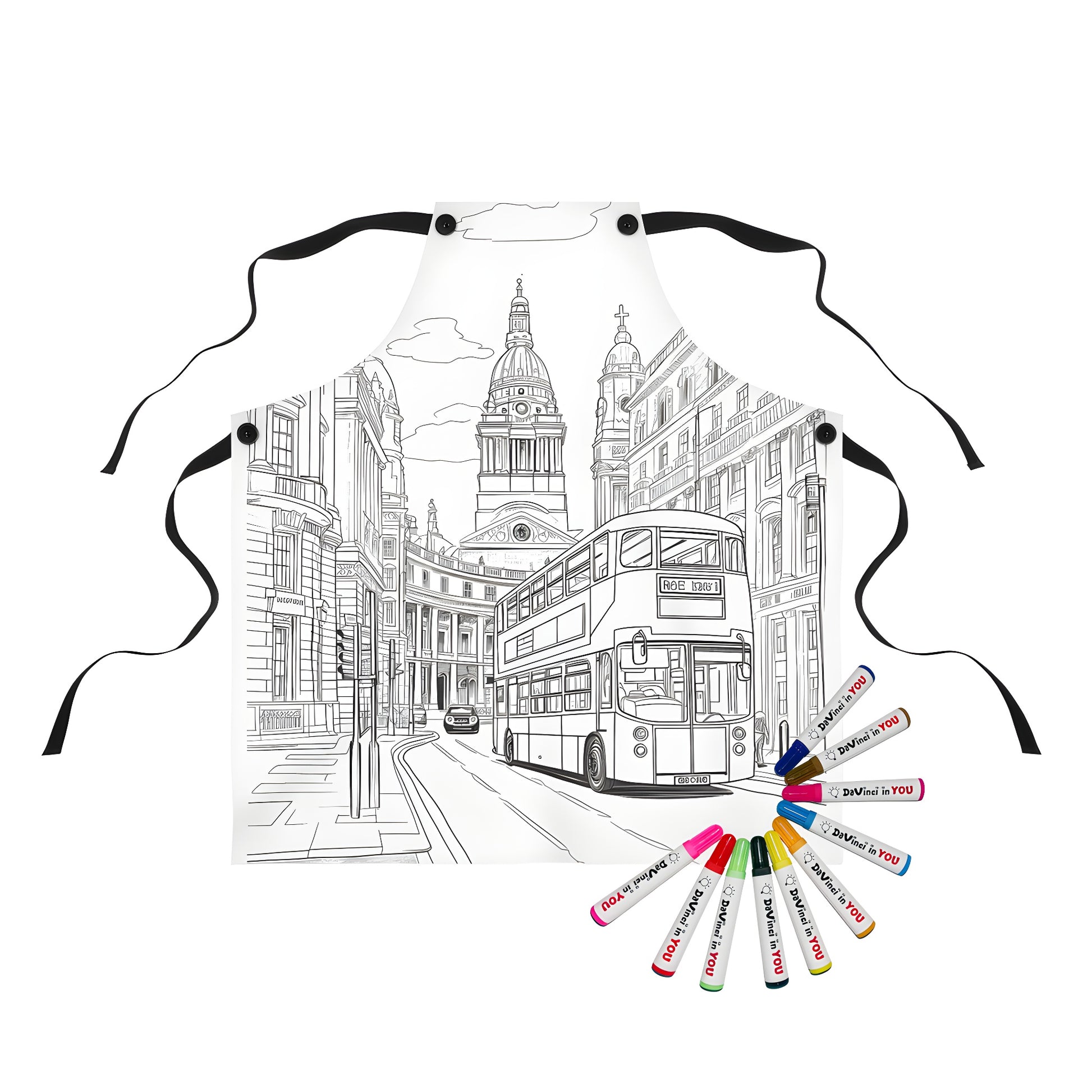 Detailed urban street scene apron featuring a double-decker bus and cityscape background