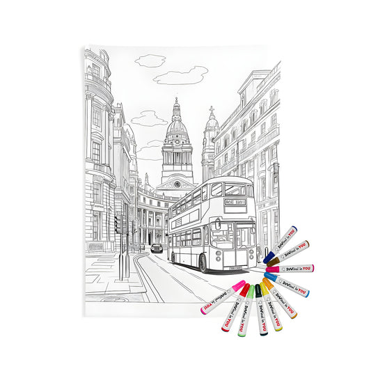 Coloring page of city street scene with double-decker bus, vintage buildings and colorful characters