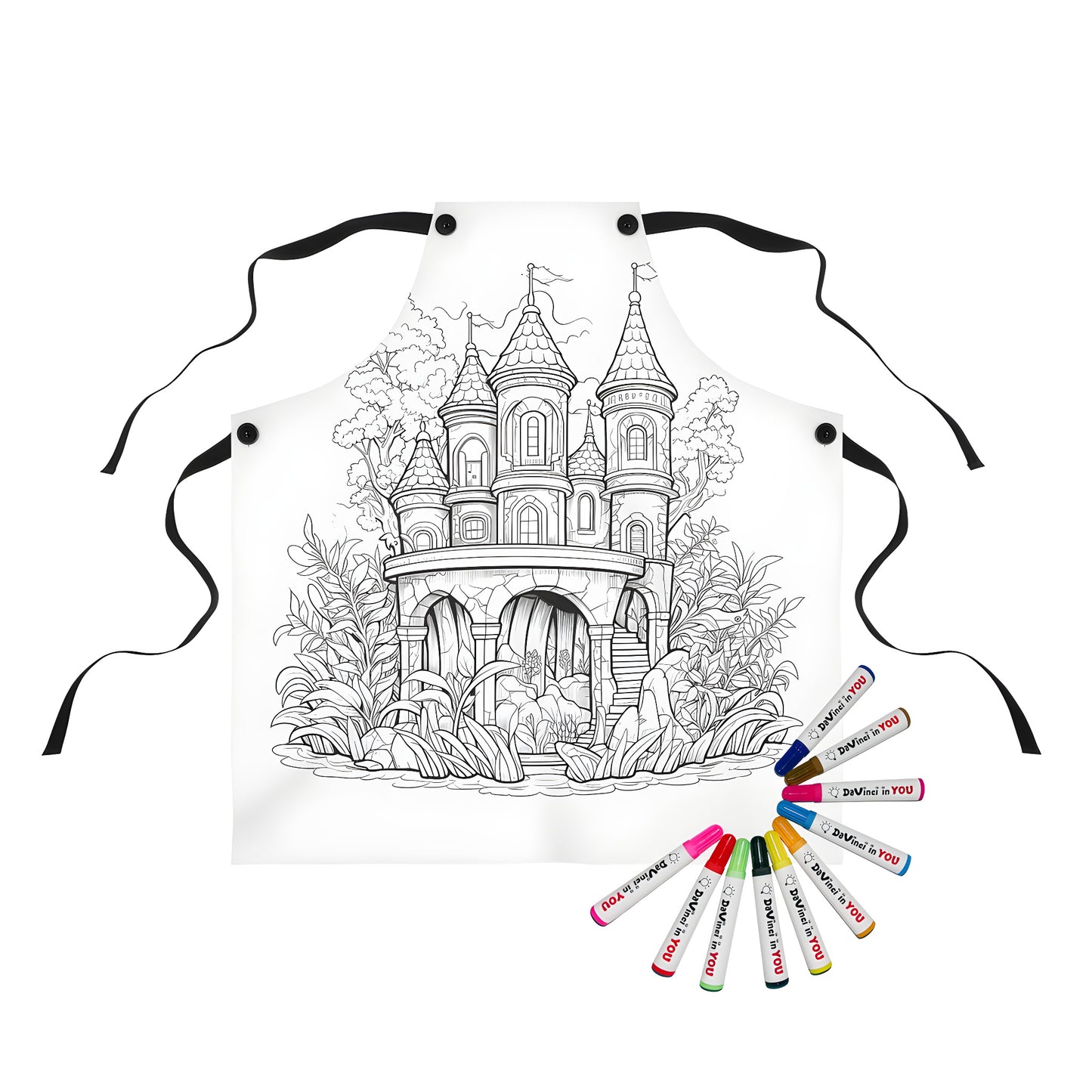 Coloring apron with detailed medieval castle design, featuring towers, trees, and lush greenery