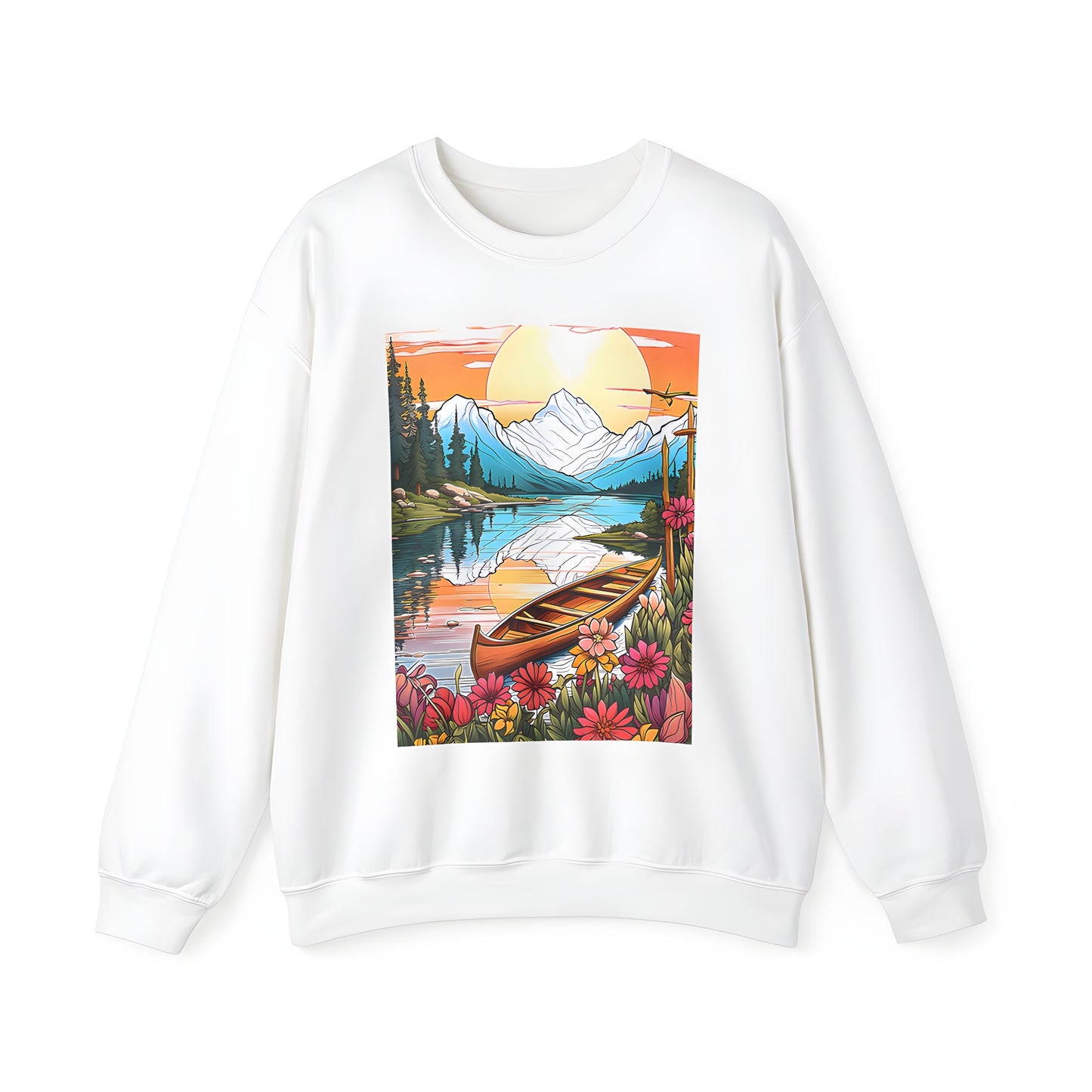 Adult Sweatshirt featuring a serene lake scene at sunset with vibrant flowers, trees, and mountains