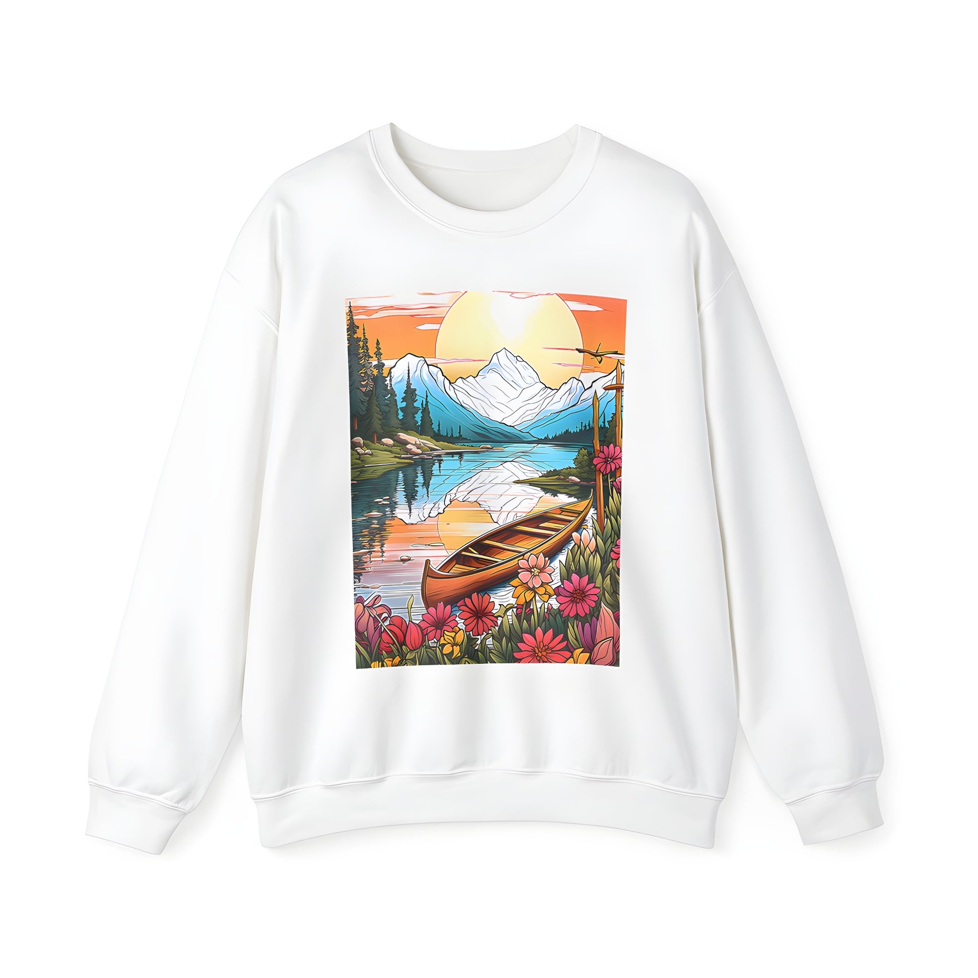 Adult Sweatshirt featuring a serene lake scene at sunset with vibrant flowers, trees, and mountains