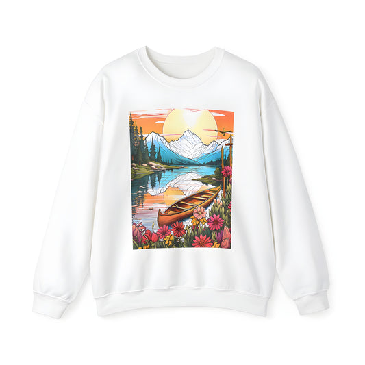 Adult Sweatshirt featuring a serene lake scene at sunset with vibrant flowers, trees, and mountains