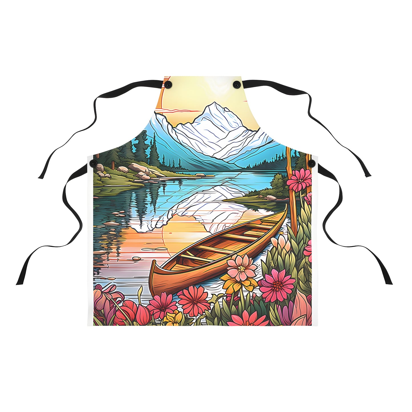 Colorful mountain landscape apron design featuring a serene lake scene with a boat and surrounded by vibrant flowers, trees, and mountains at sunset.