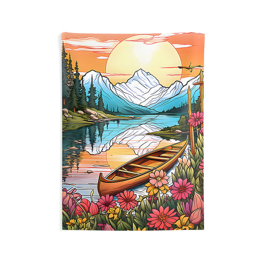 Colorful Indoor Wall Tapestry featuring a serene mountain landscape with a lake and boat at sunset