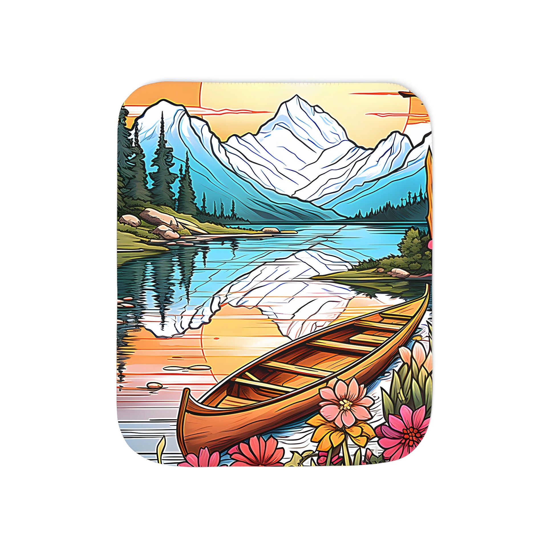 Cozy blanket featuring a serene landscape with a boat on a lake surrounded by vibrant flowers and mountains at sunset. Perfect for snuggling up on chilly evenings.