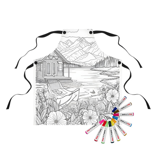 Mountain cabin-themed apron with colorful lake scene and vibrant floral patterns