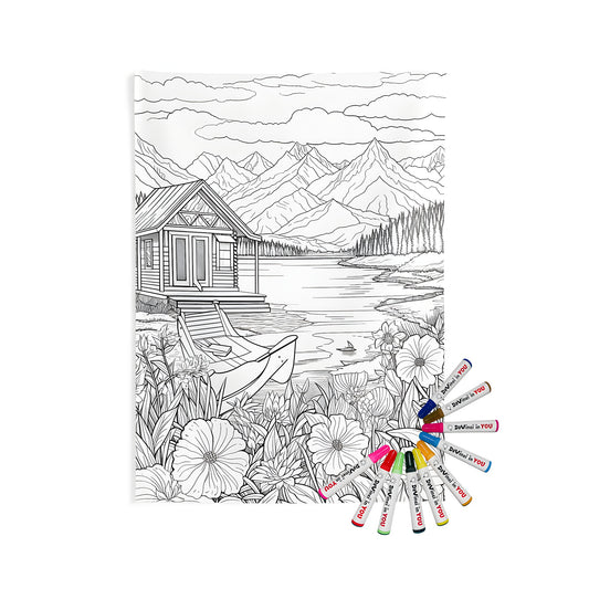 Cabin on a serene lake scene wall tapestry with colorful flowers surrounding mountains and a boat