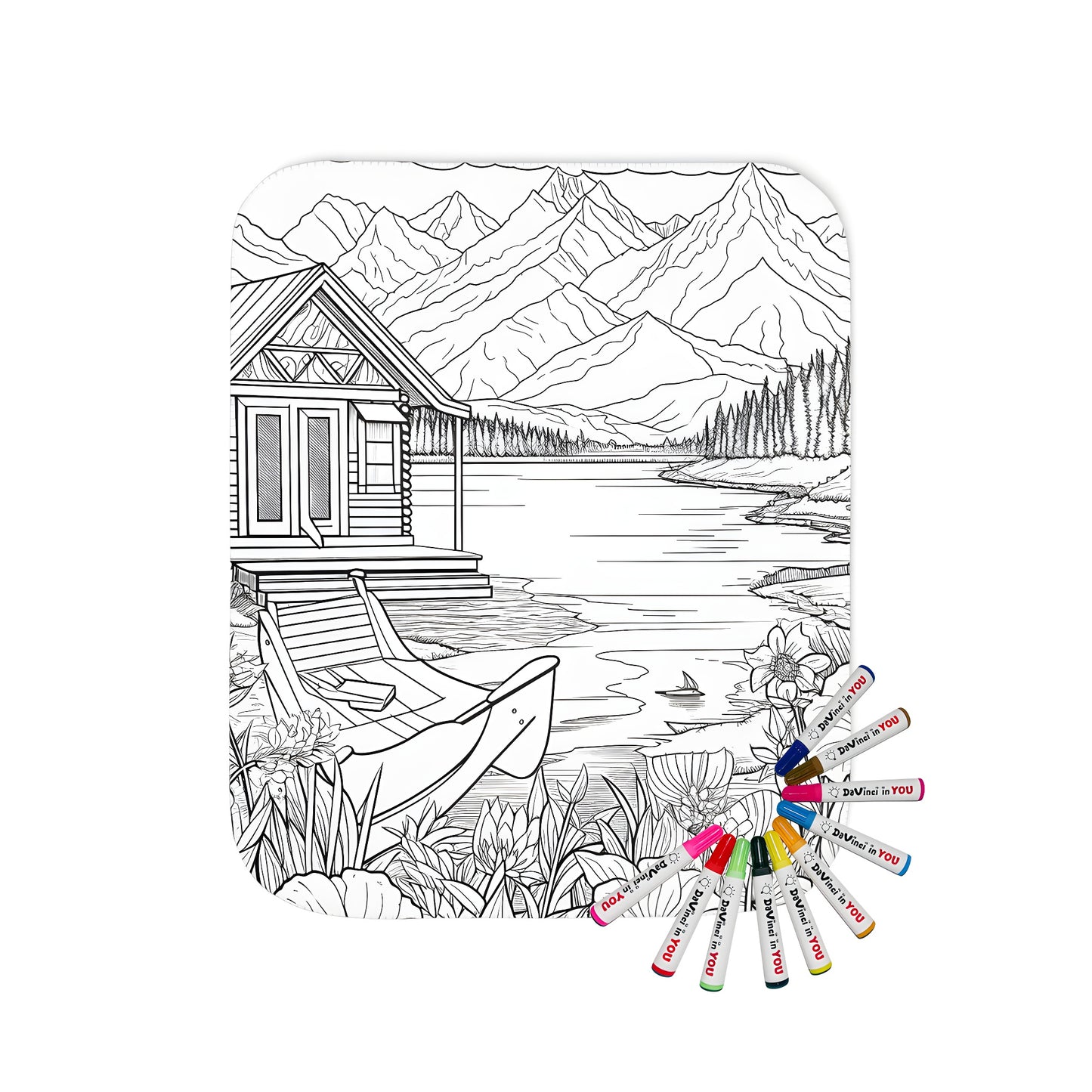 Blanket with mountain landscape and cabin design, perfect for a peaceful retreat