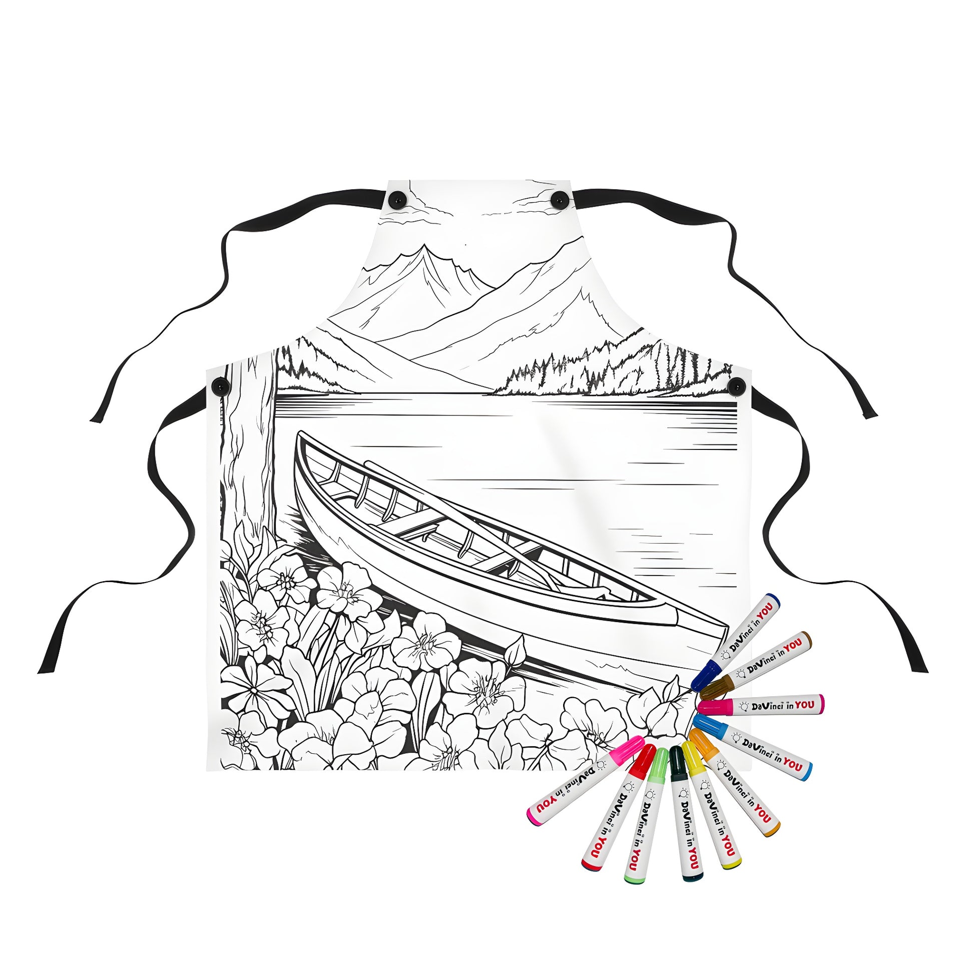 Colorful apron featuring a scenic mountain lake design with canoe, flowers, and trees