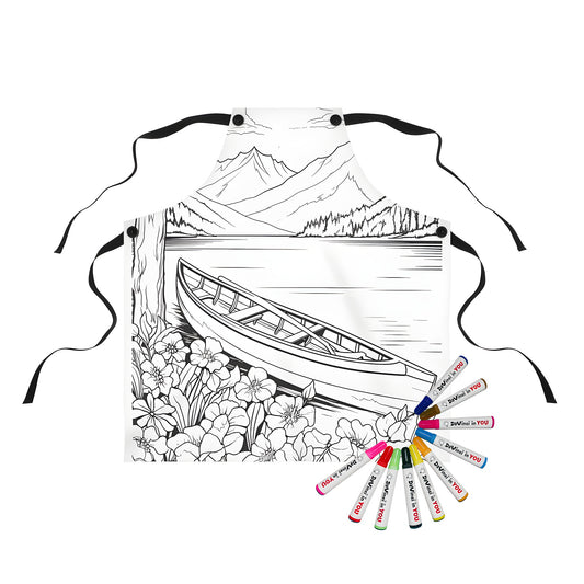 Colorful apron featuring a scenic mountain lake design with canoe, flowers, and trees