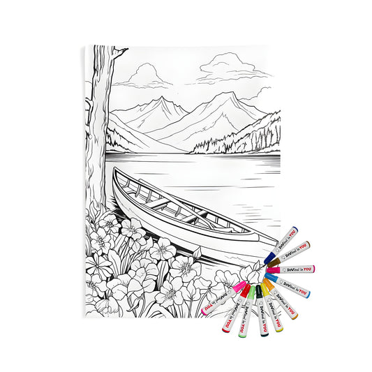 A beautiful scenic wall tapestry featuring a serene mountain lake scene, ideal for home decor. Includes 10 fabric markers for creative coloring.