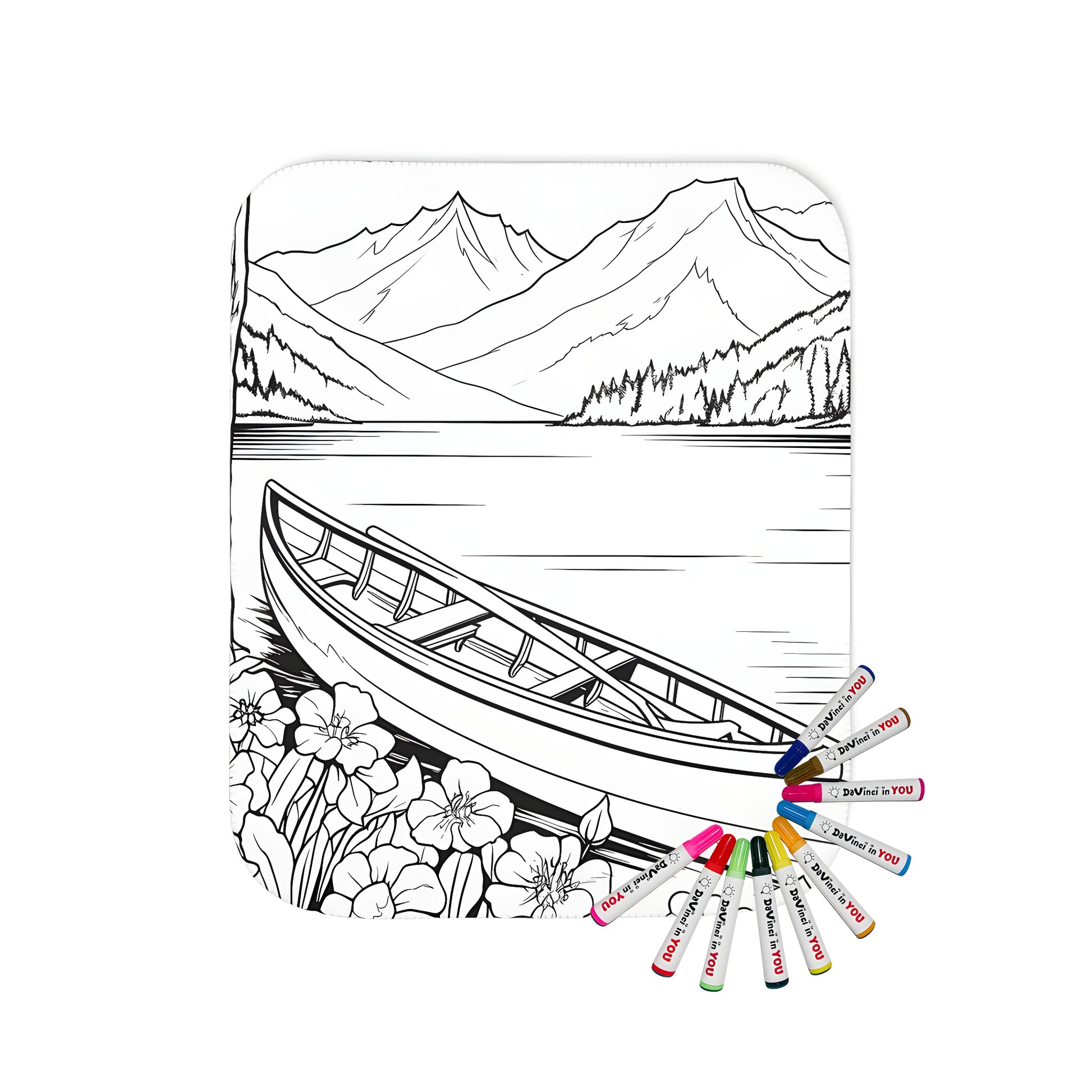 Blanket with serene lake scenery, featuring a canoe on shore, surrounded by colorful flowers and majestic trees.