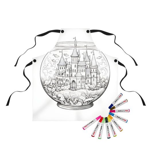 Apron with colorful castle illustration in fishbowl design