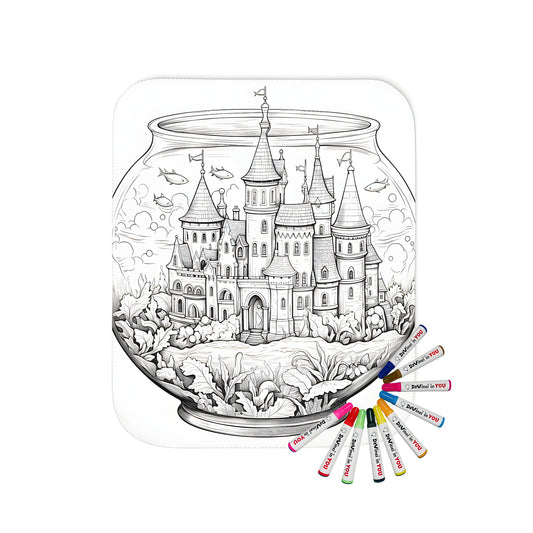 Colorful blanket featuring an enchanting castle scene within a fishbowl, surrounded by vibrant fish and aquatic plants