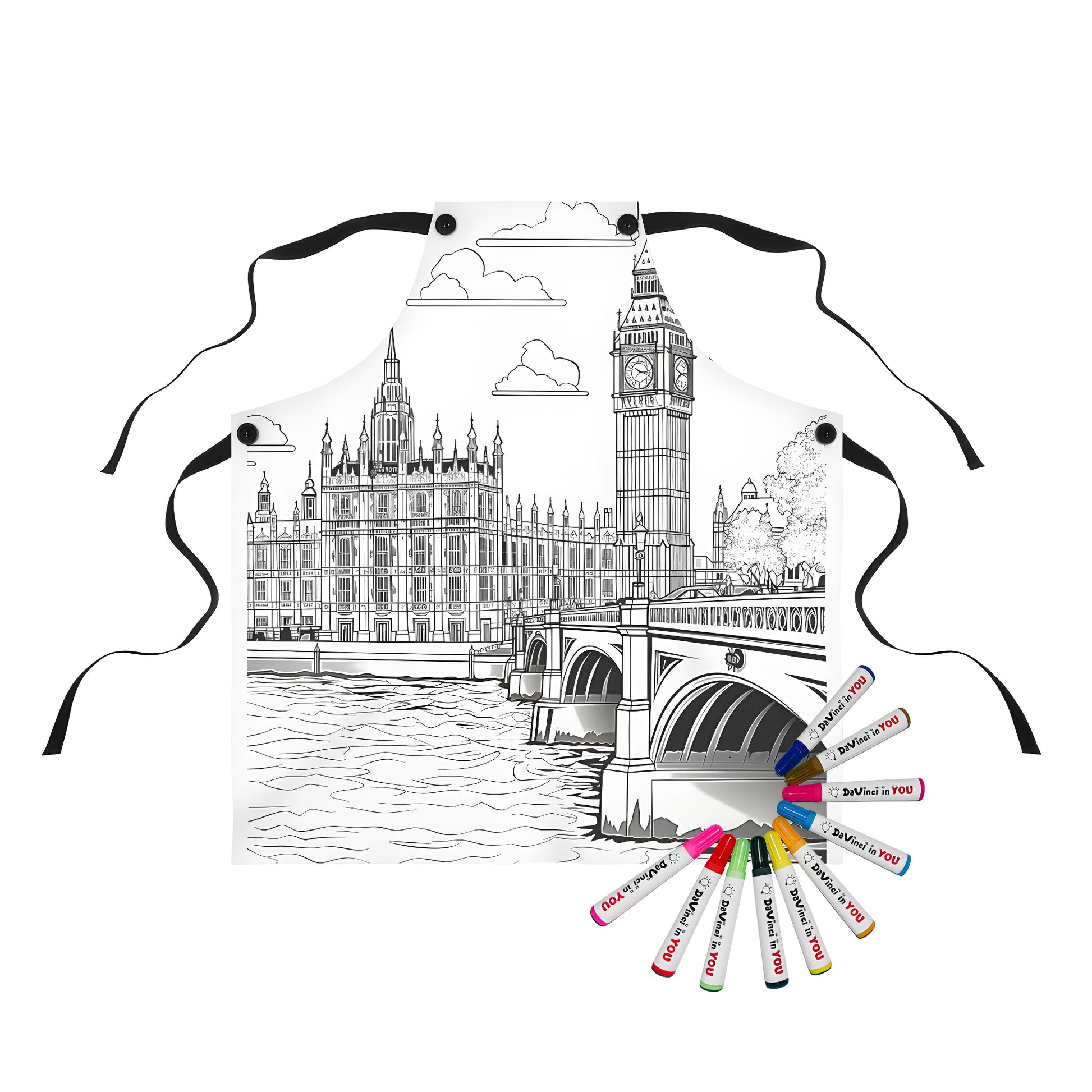 Apron with London landmark illustration of clock tower, bridge, building, river, and cloudy sky