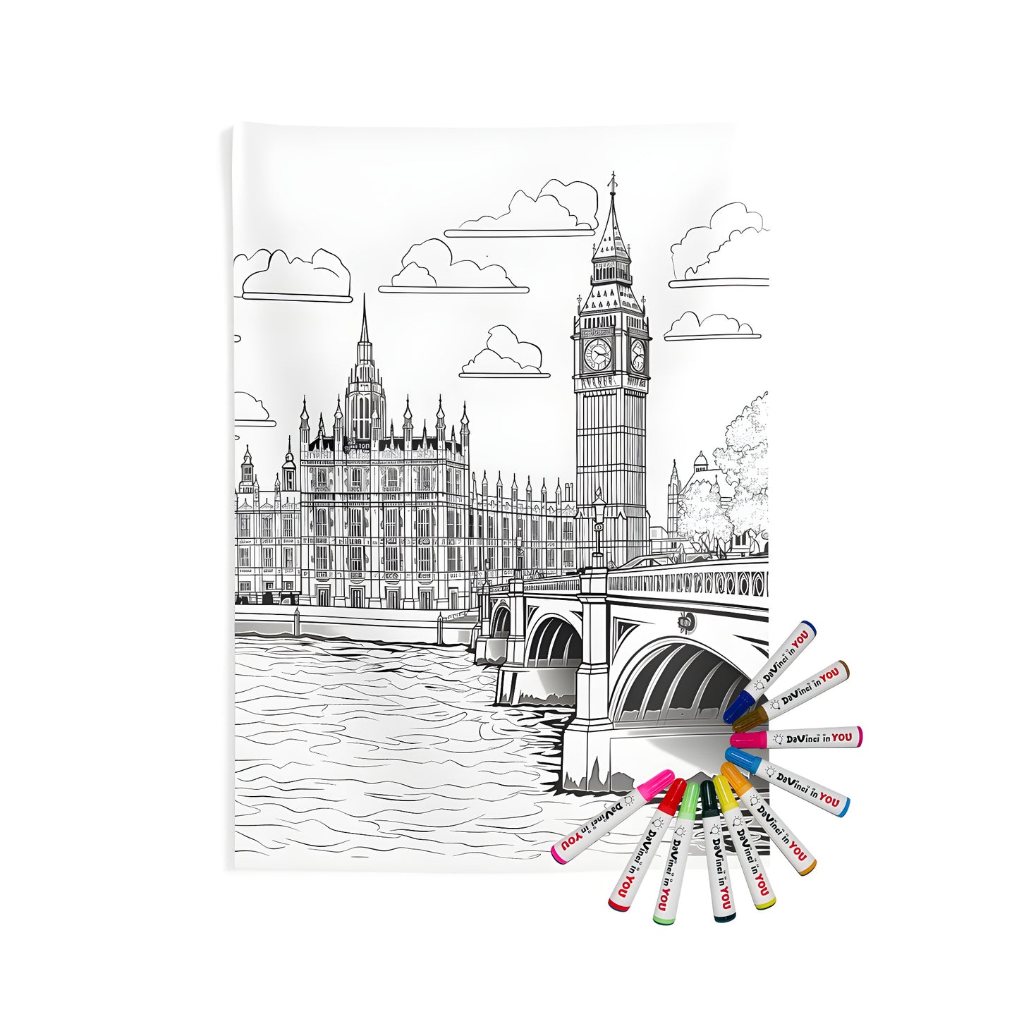 Inspirational indoor wall tapestry featuring a black and white line drawing of Big Ben clock tower, bridge, historic building, river, and clouds in the sky, perfect for bedrooms or offices