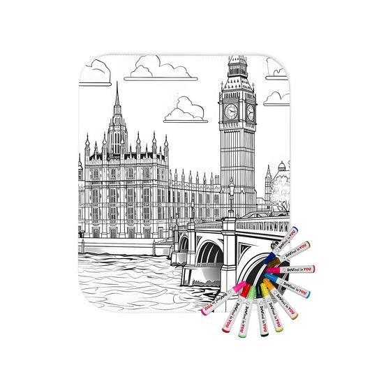 Cozy blanket with a London-inspired design featuring a black and white line drawing of the iconic Elizabeth Tower and the Houses of Parliament, perfect for a relaxing evening or as a unique gift