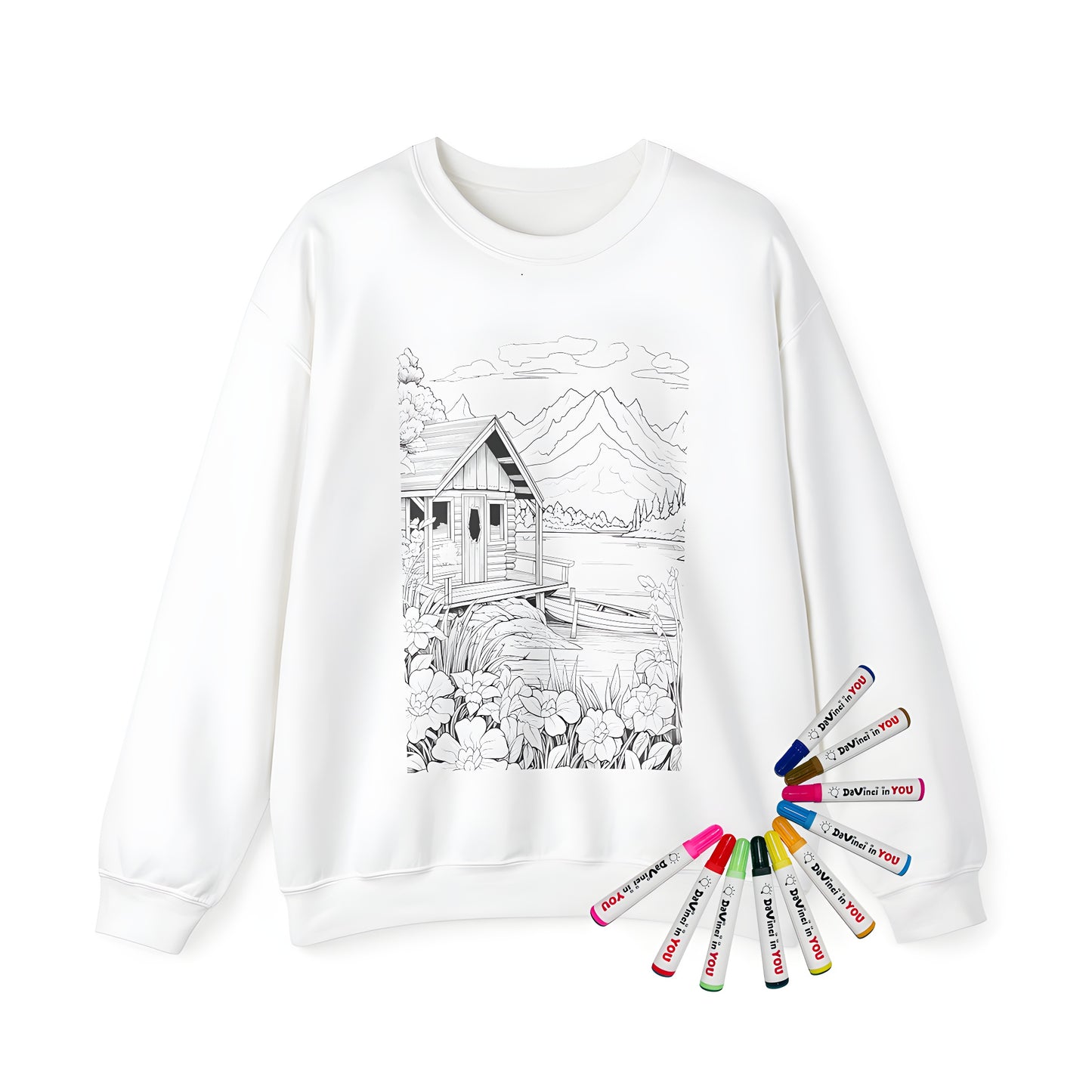 Adult sweatshirt featuring a serene cabin scene with a lake, flowers, trees, and majestic mountains