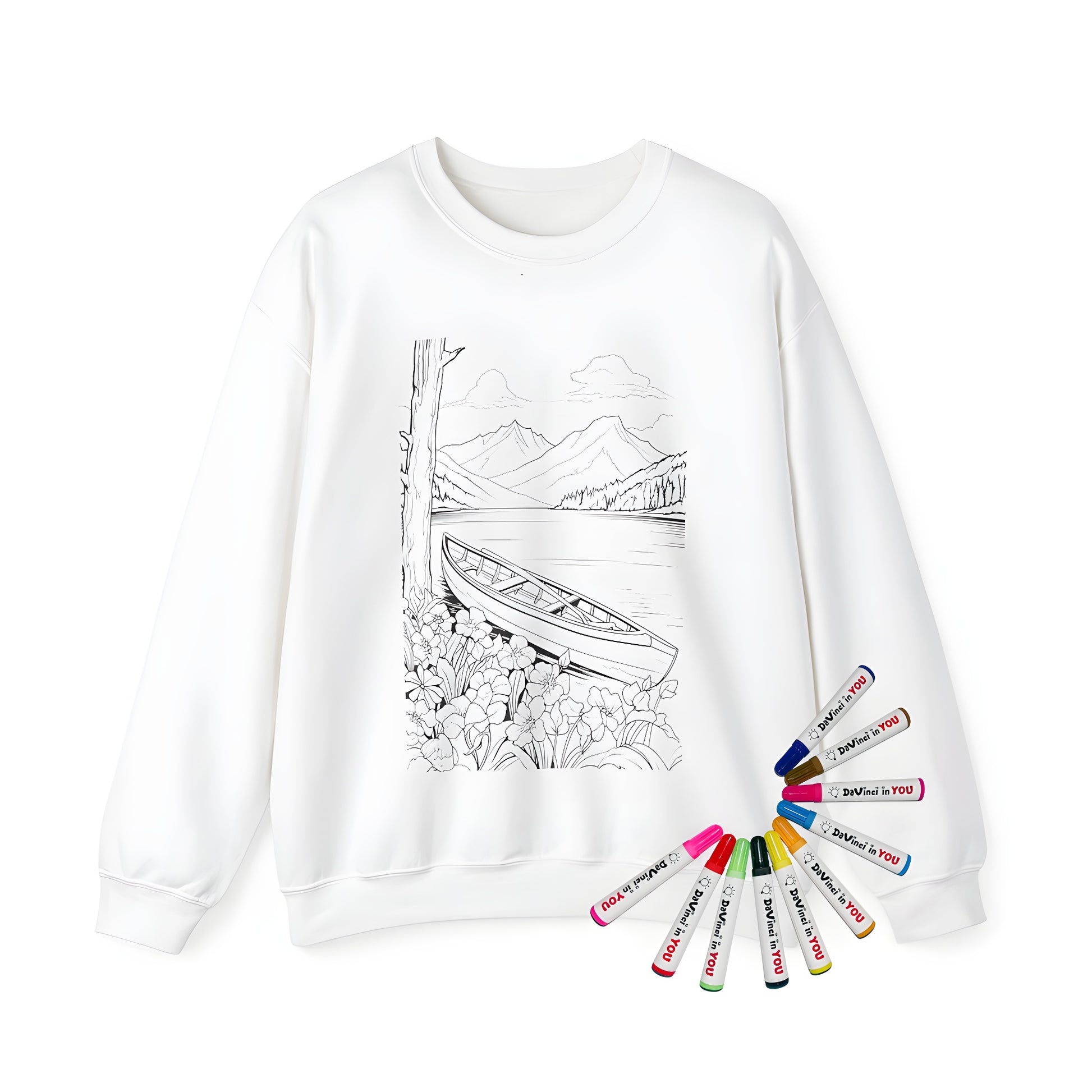 Adult sweatshirt featuring a serene lake landscape with a canoe on shore, surrounded by vibrant flowers and lush trees. Includes 10 fabric markers for creative coloring.