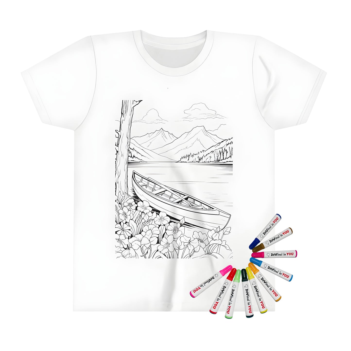 Kid's colorful tee with mountainside lake scene design featuring a canoe on shore surrounded by flowers and trees